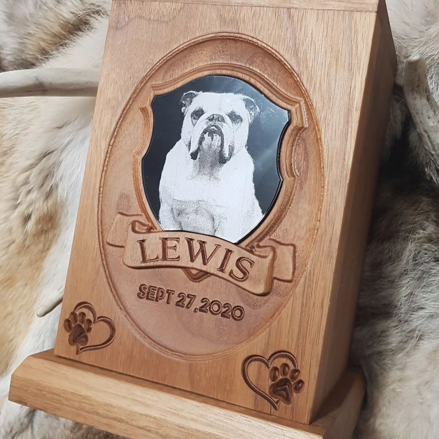 Wood pet memorial urn with a dog portrait
