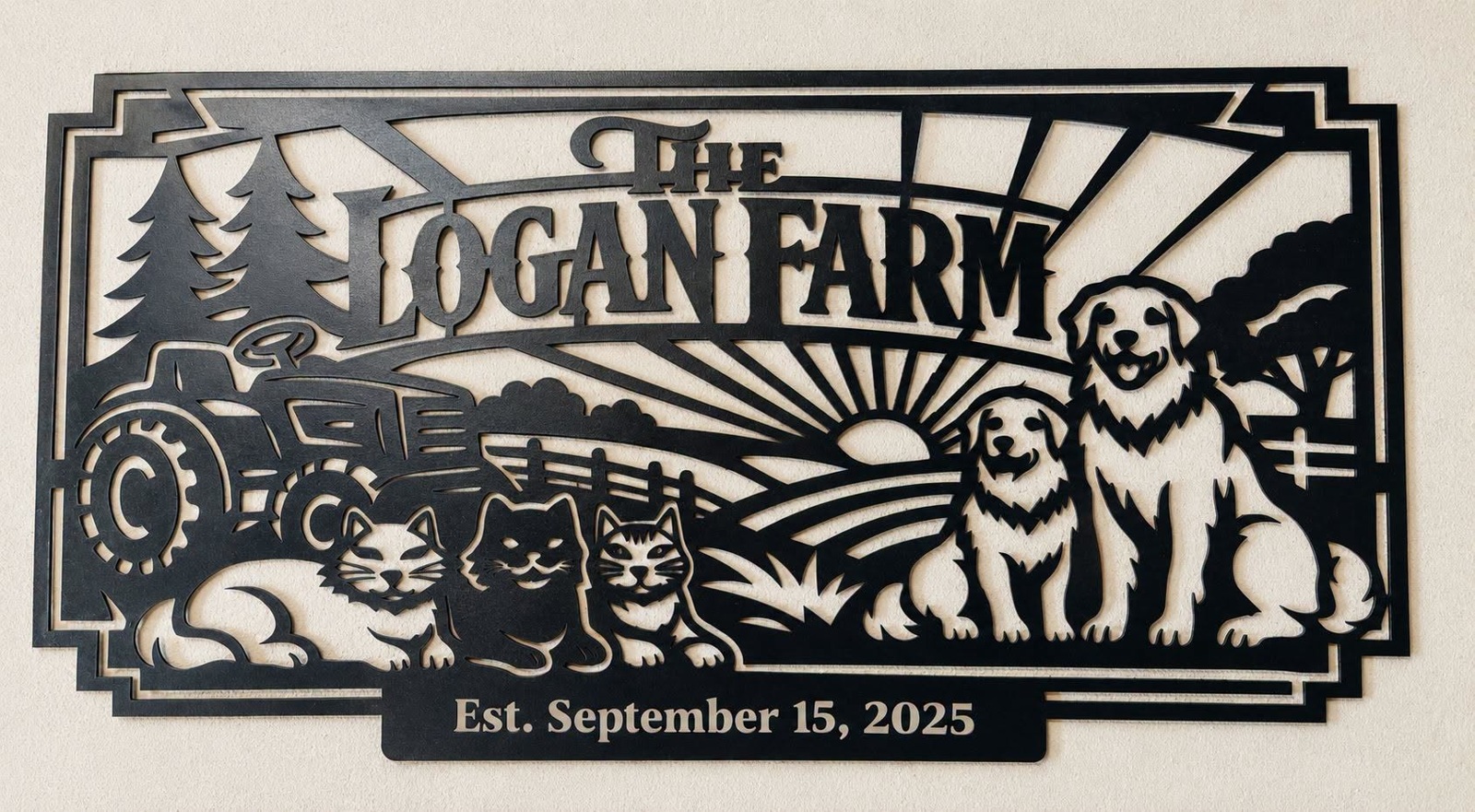 Black steel sign with personalized farm lettering, tractor, trees, dogs and cats